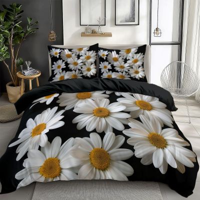 CozyRest 3-Piece Kids' Reversible Microfiber Bedding Set, Daisy Floral Print, Black, 135 x 200 cm + 80 x 80 cm Pillowcases