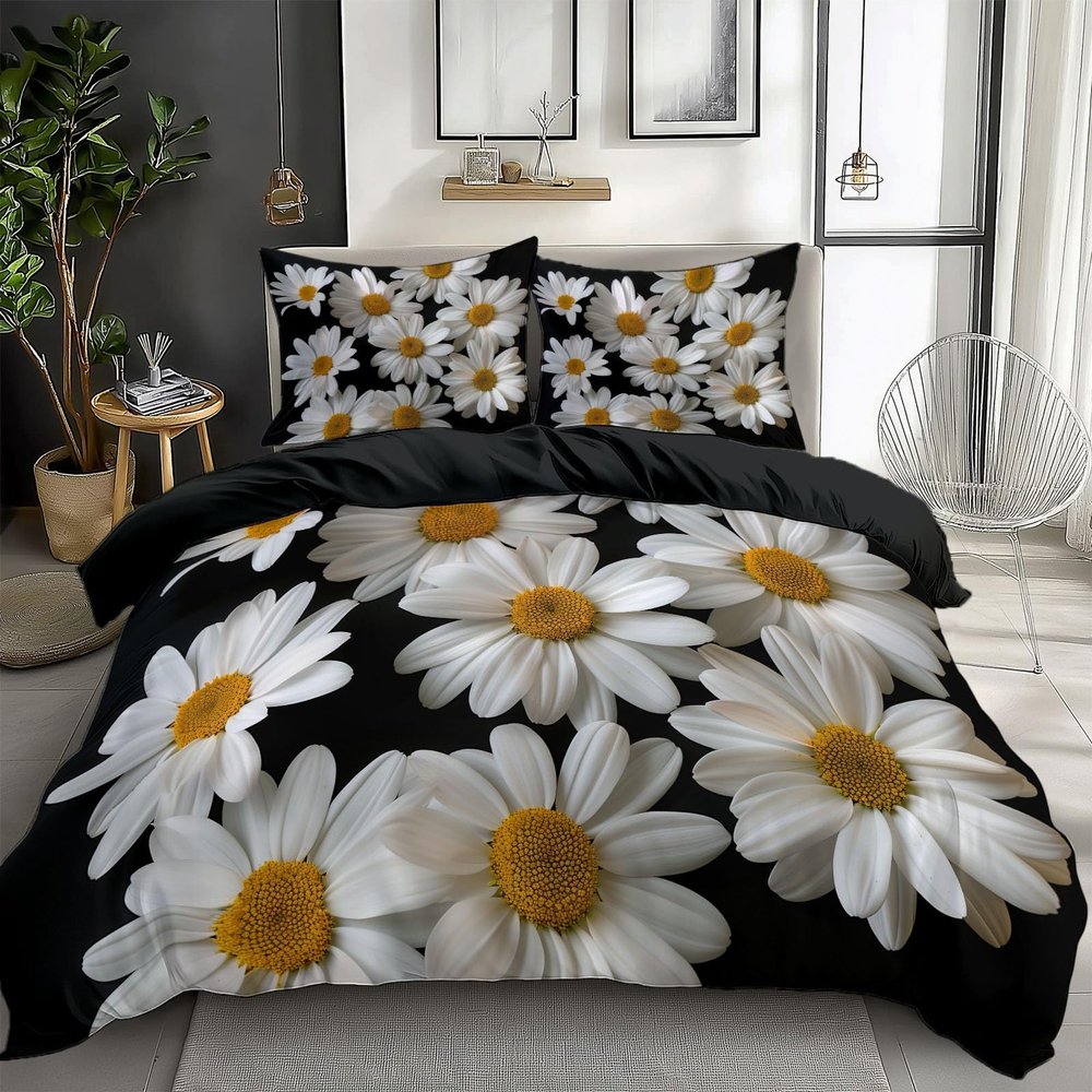 CozyRest 3-Piece Kids' Reversible Microfiber Bedding Set, Daisy Floral Print, Black, 135 x 200 cm + 80 x 80 cm Pillowcases