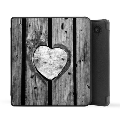 Black Protective Case Compatible with tolino Vision 6 E-Reader, Faux Leather, Wood-Look Heart Wood