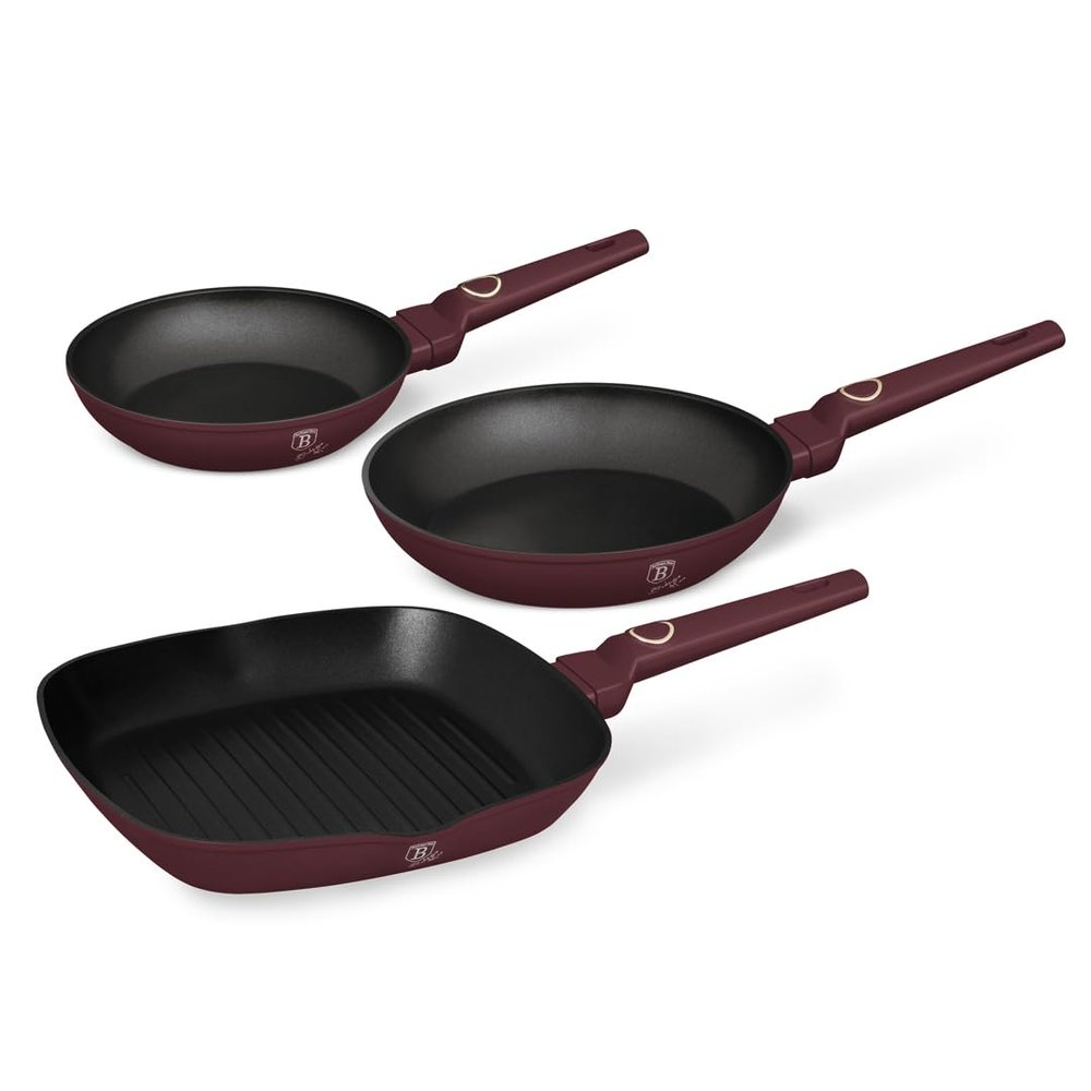 Berlinger Haus 3-Piece Frying Pan Set, 20/24/28 cm, TitaniumPro Nonstick Coating, Matte Bordeaux, Induction, Leonardo Collection