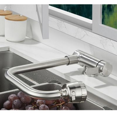 Foldable Kitchen Faucet for In-Front-of-Window Installation, 360° Swivel, Single-Handle, Brushed Stainless Steel
