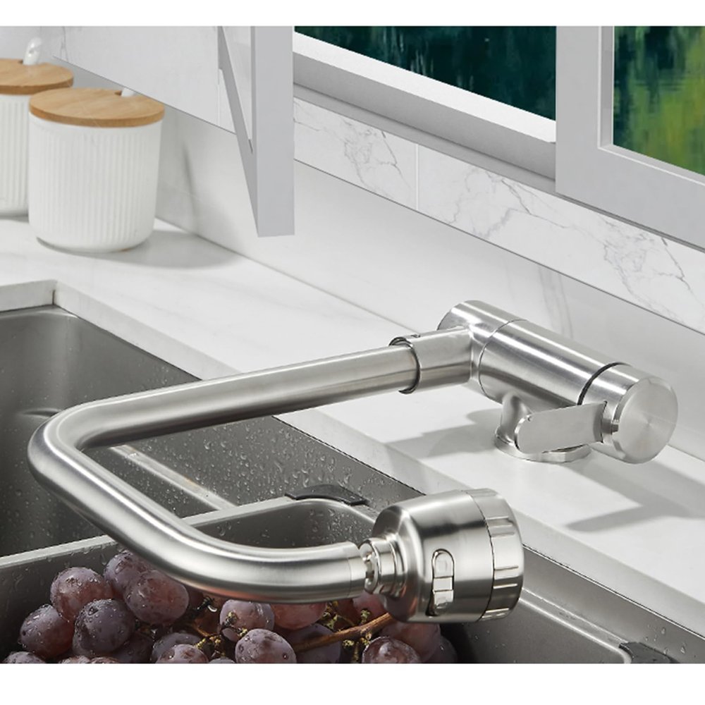 Foldable Kitchen Faucet for In-Front-of-Window Installation, 360° Swivel, Single-Handle, Brushed Stainless Steel