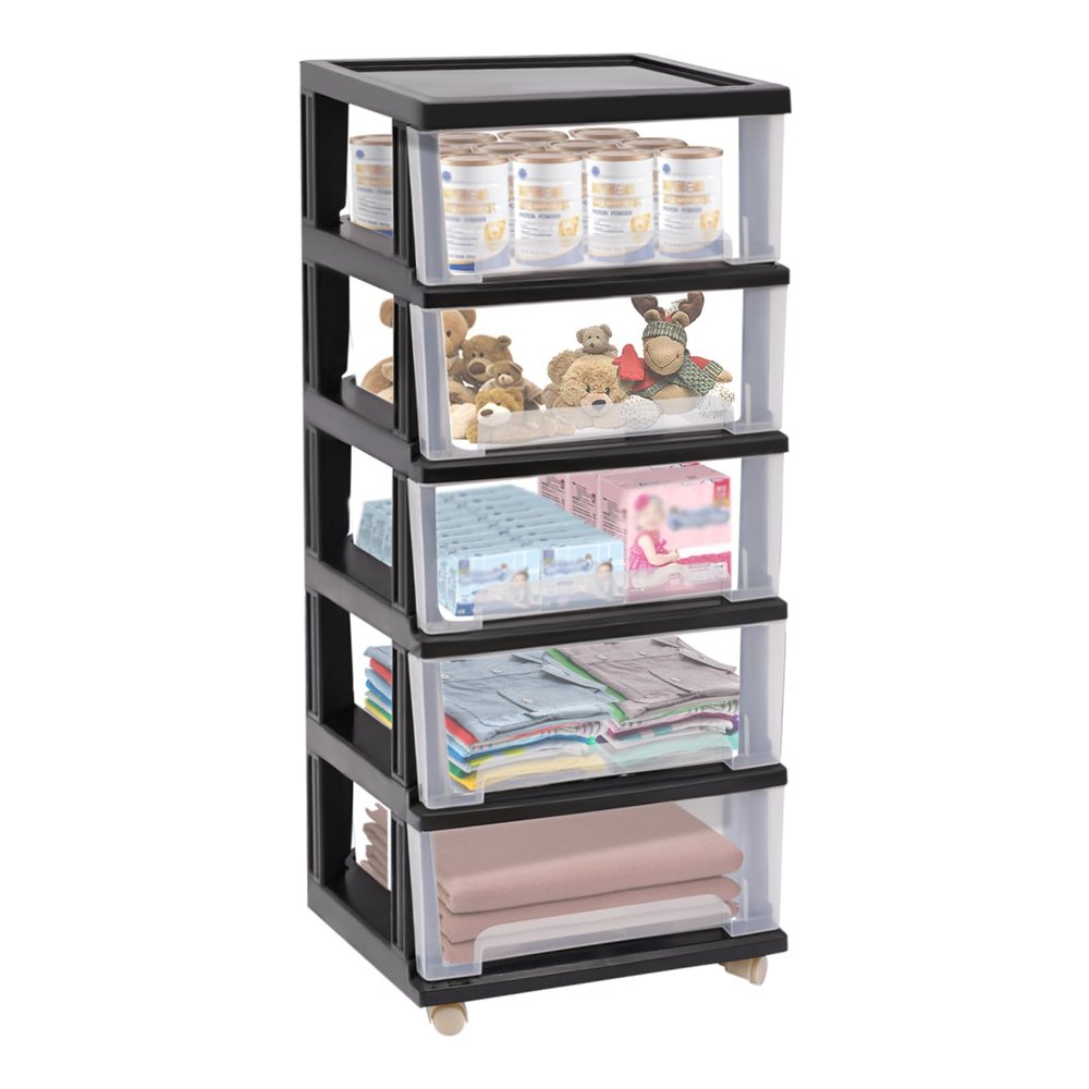 5-Drawer Storage Cart with Wheels, Black, 40 x 33 x 98 cm