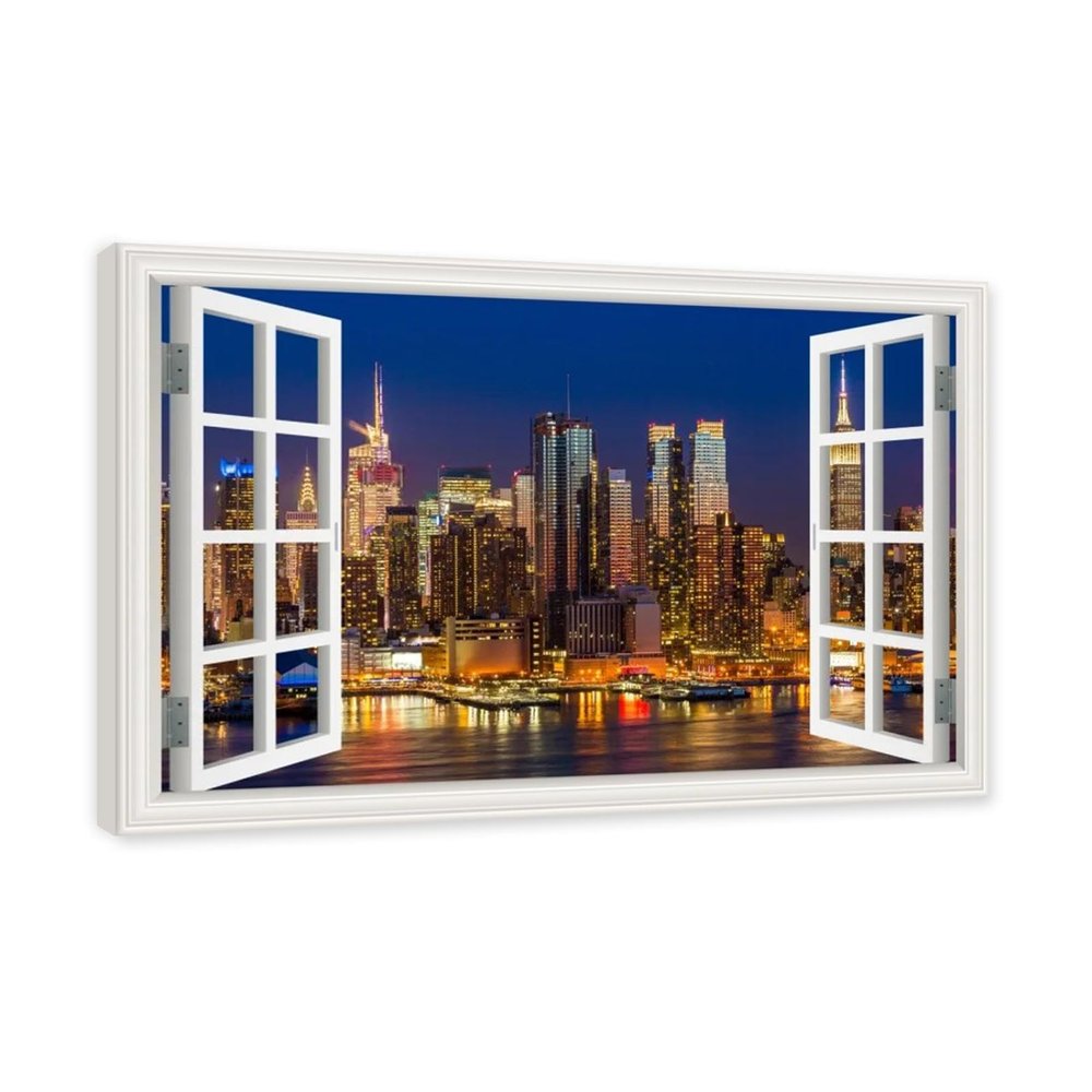 NHLDZYH Canvas Wall Art, Faux Window View, New York City Night Scenery 02, 50 × 75 cm, Inner Frame