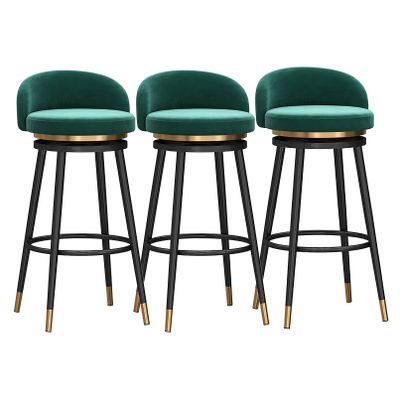Farmhouse Velvet Bar Stools, Swivel, Set of 3, with Backrests, 75 cm Seat Height, Black Metal Legs, Green Velvet Seat