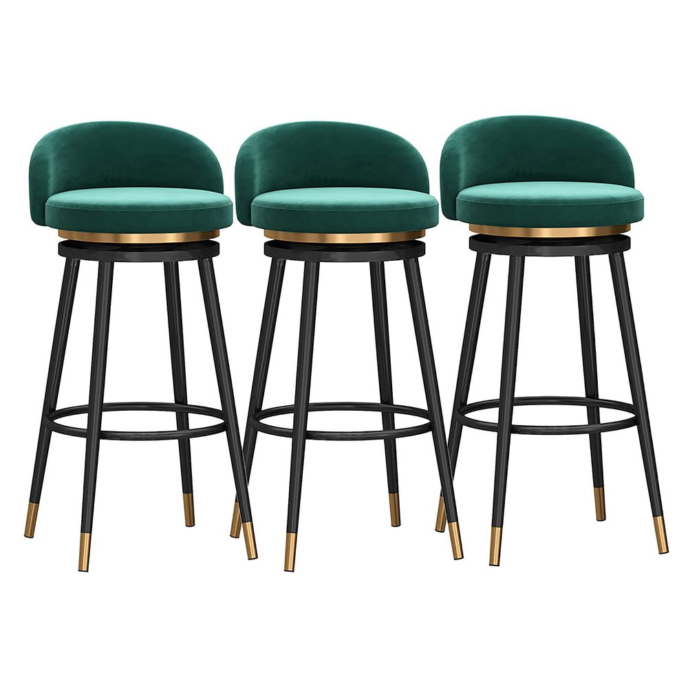Farmhouse Velvet Bar Stools, Swivel, Set of 3, with Backrests, 75 cm Seat Height, Black Metal Legs, Green Velvet Seat