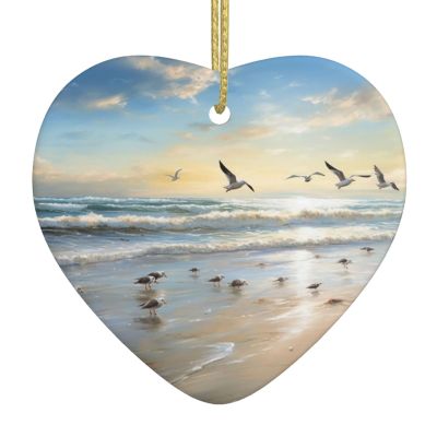 The Beach with Seabirds Heart-Shaped Double-Sided Ceramic Christmas Ornament with Gold Ribbon