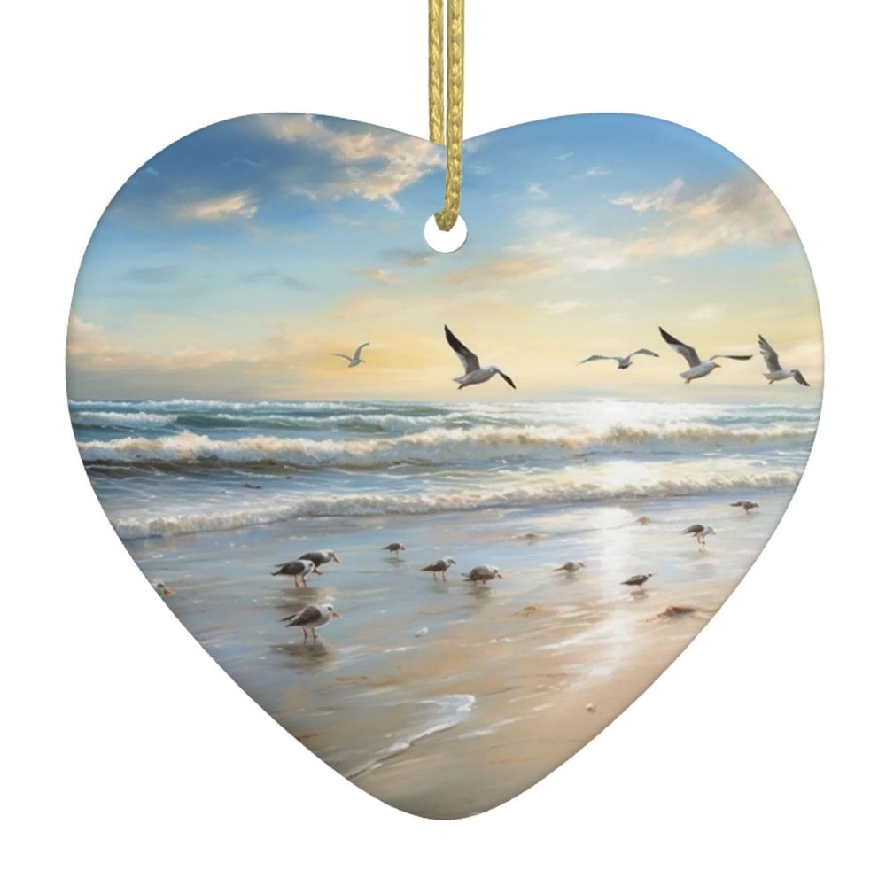 The Beach with Seabirds Heart-Shaped Double-Sided Ceramic Christmas Ornament with Gold Ribbon