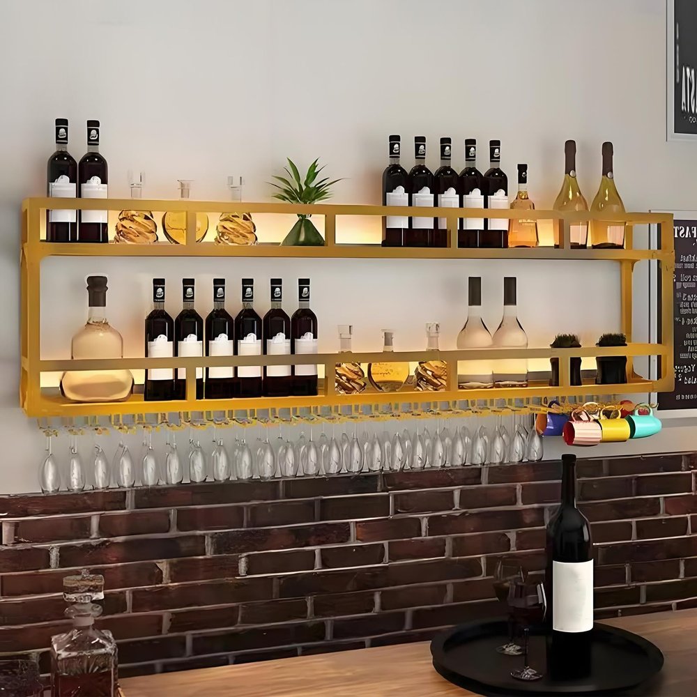 Wall-Mounted Metal Wine Rack with Stemware Storage