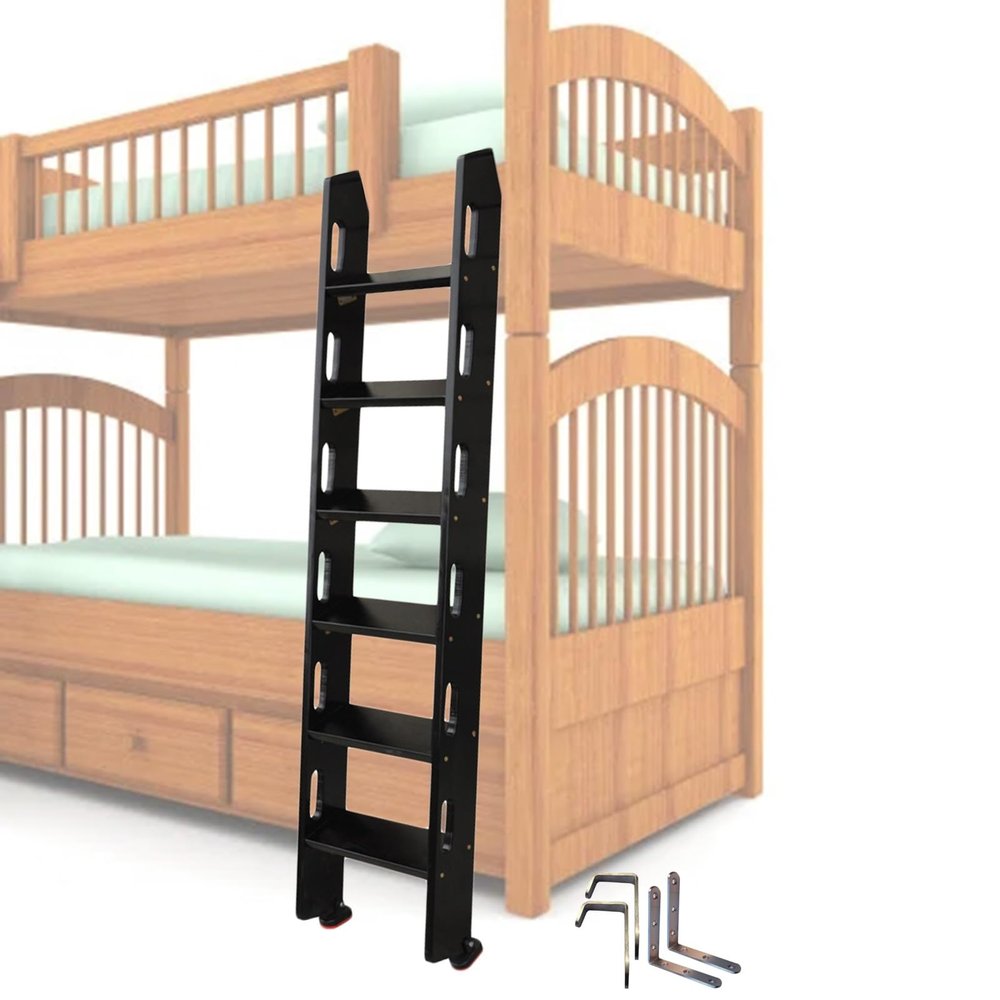LSBBTBYA Bunk House Camper Wooden Bunk Bed Ladder with Brackets and Hooks, 4 in Extra-Wide Steps, Rubber Foot Pads, 3.6–7.2 ft Heights (Black)