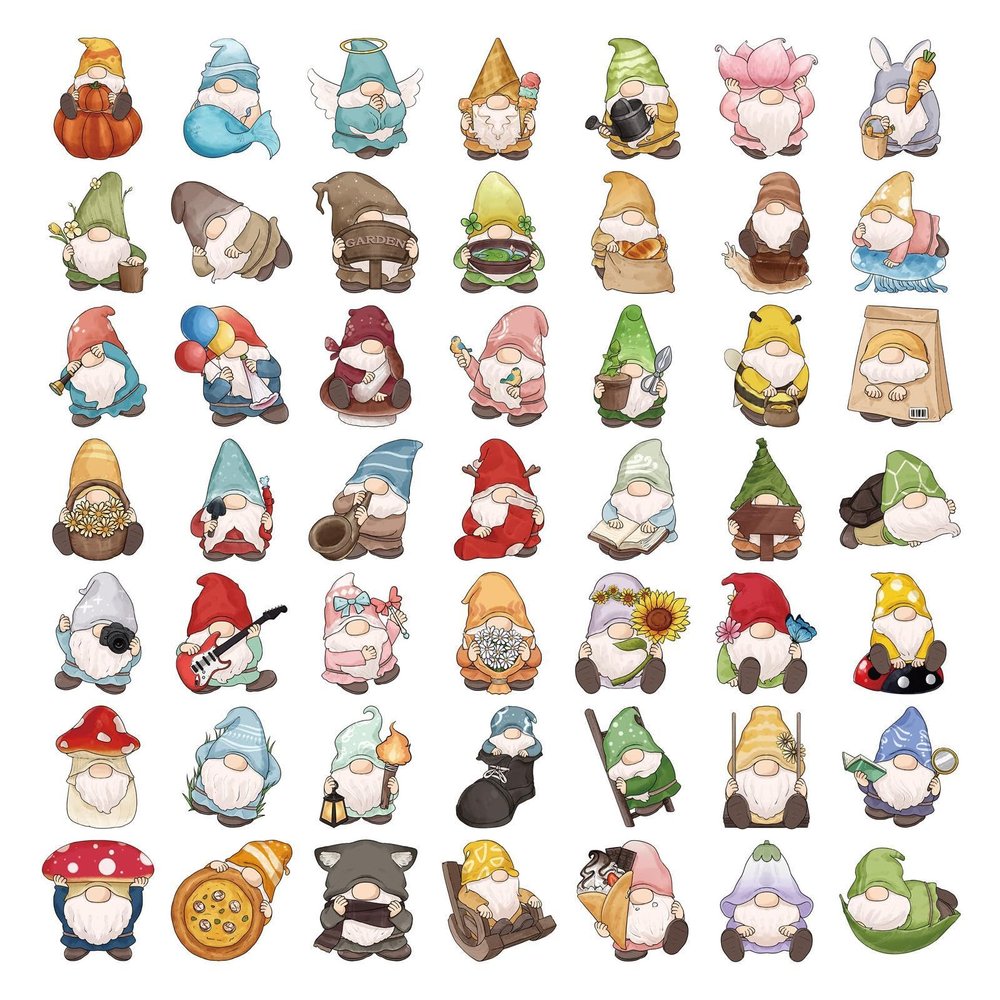 Craft Stickers: 50 Stationery and Gnome Stickers, Cute Cartoon Designs, Water-Resistant, for Water Bottles, Laptops, Phones, Scrapbooking and Guitars