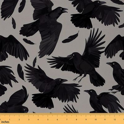 Loussiesd Raven Fabric by the Yard, 184 x 150 cm, Black Feathers Bird Design, Gothic Waterproof Upholstery Fabric
