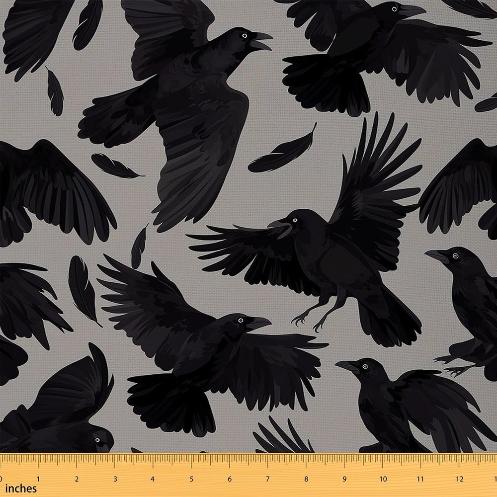 Loussiesd Raven Fabric by the Yard, 184 x 150 cm, Black Feathers Bird Design, Gothic Waterproof Upholstery Fabric
