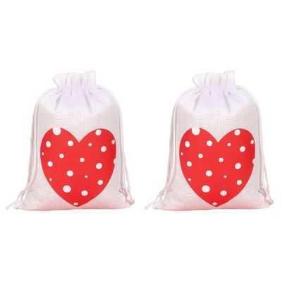 5-Pack Jute Gift Bags, Drawstring Linen Pouches, White + Red C, 13 x 18 cm
