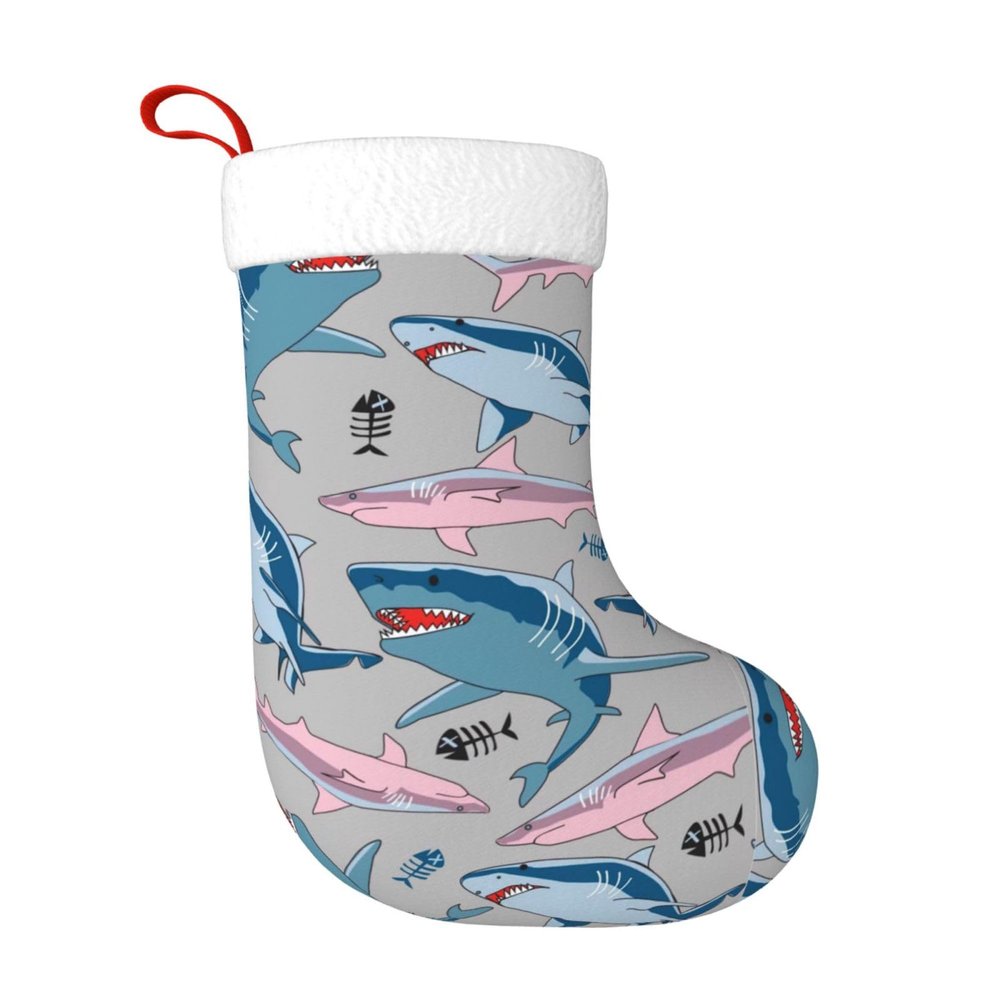 BREAUX Blue Christmas Stocking with Cartoon Fish Print, Black, One Size
