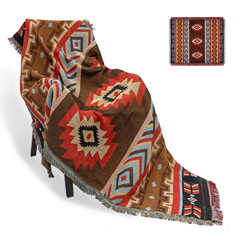 CLOYAO Ethnic-Style Throw Blanket with Tassels, Geometric Aztec Pattern, Bohemian Cotton Blanket, 180 × 130 cm / 70.85 × 51.1 in