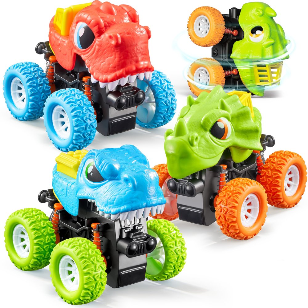 lalalark Dinosaur Toys for Boys Ages 3–4, 3-Pack Friction-Powered Monster Trucks with 360° Rotation and Up-and-Down Movement