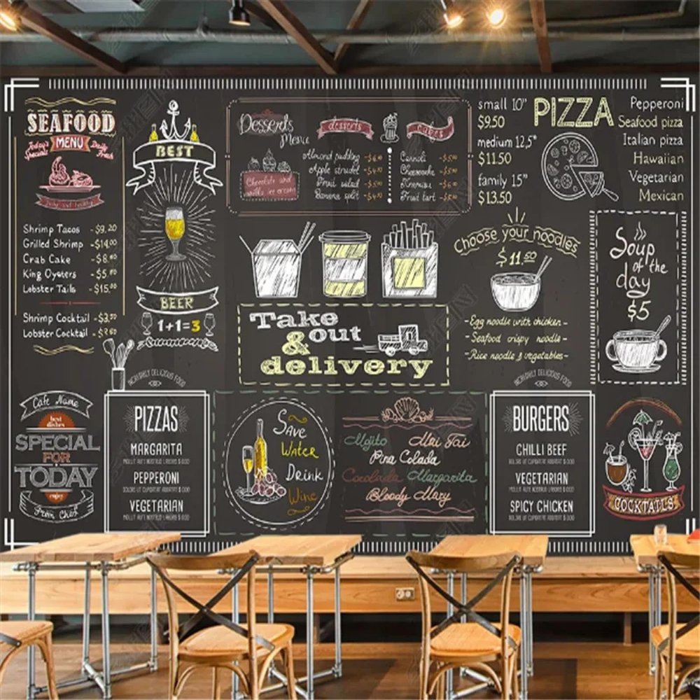 YYZOVBNN Hand-Drawn Chalk Lettering Afternoon Tea Wallpaper, Industrial Restaurant Café Decor