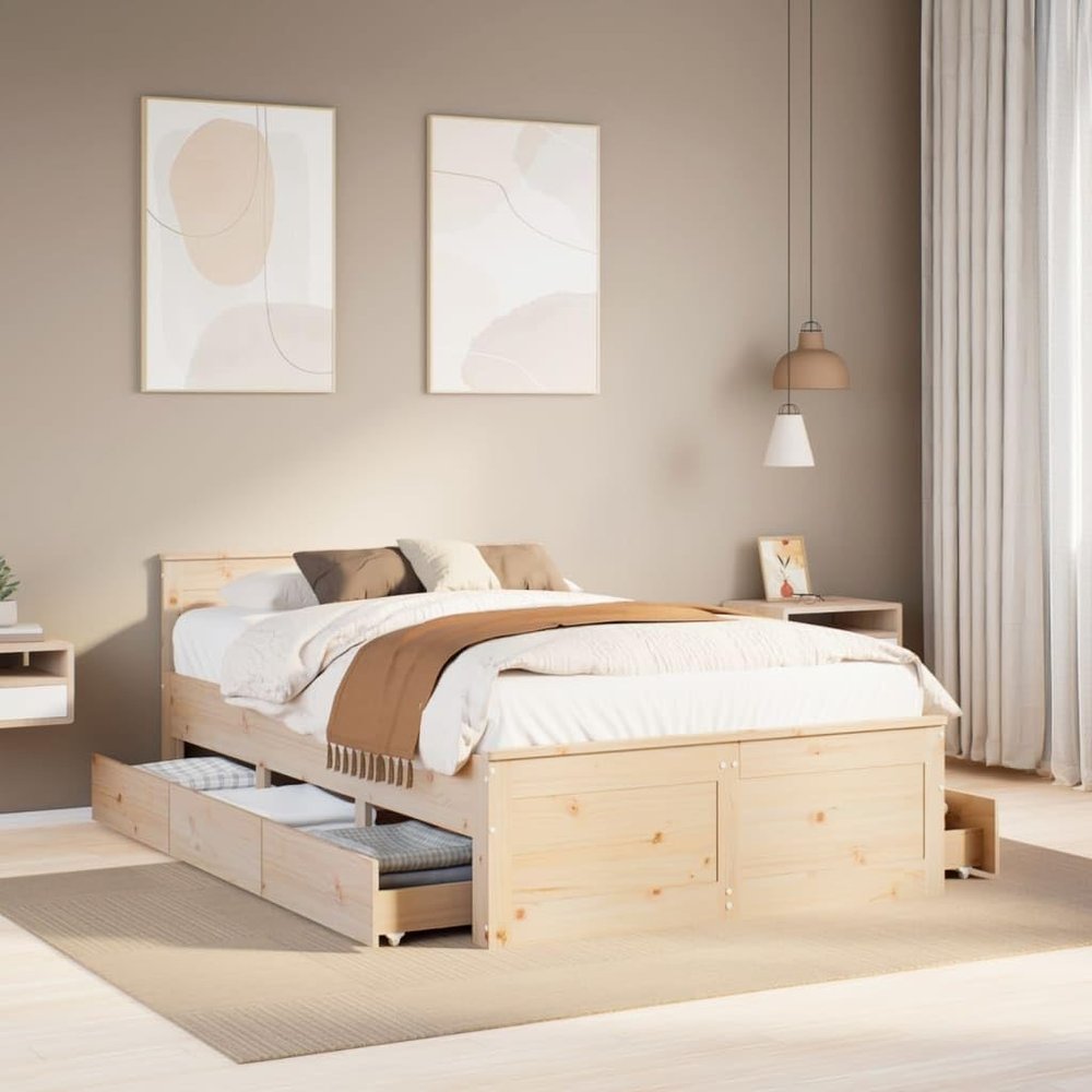 Willood Bed Frame with Drawers 135 x 190 cm, Rectangular Headboard, Natural, No Mattress