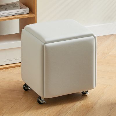 5-in-1 Stackable Ottoman Set with Casters, Leather, Square Seat for Bedroom, Living Room and Dining Room, Beige A