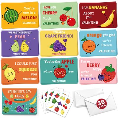 ZapDesk Valentine's Day Cards for Kids, 9 Unique Fruit Designs, 4.7 x 3.2 in, 36 Cards with Envelopes and Matching Stickers