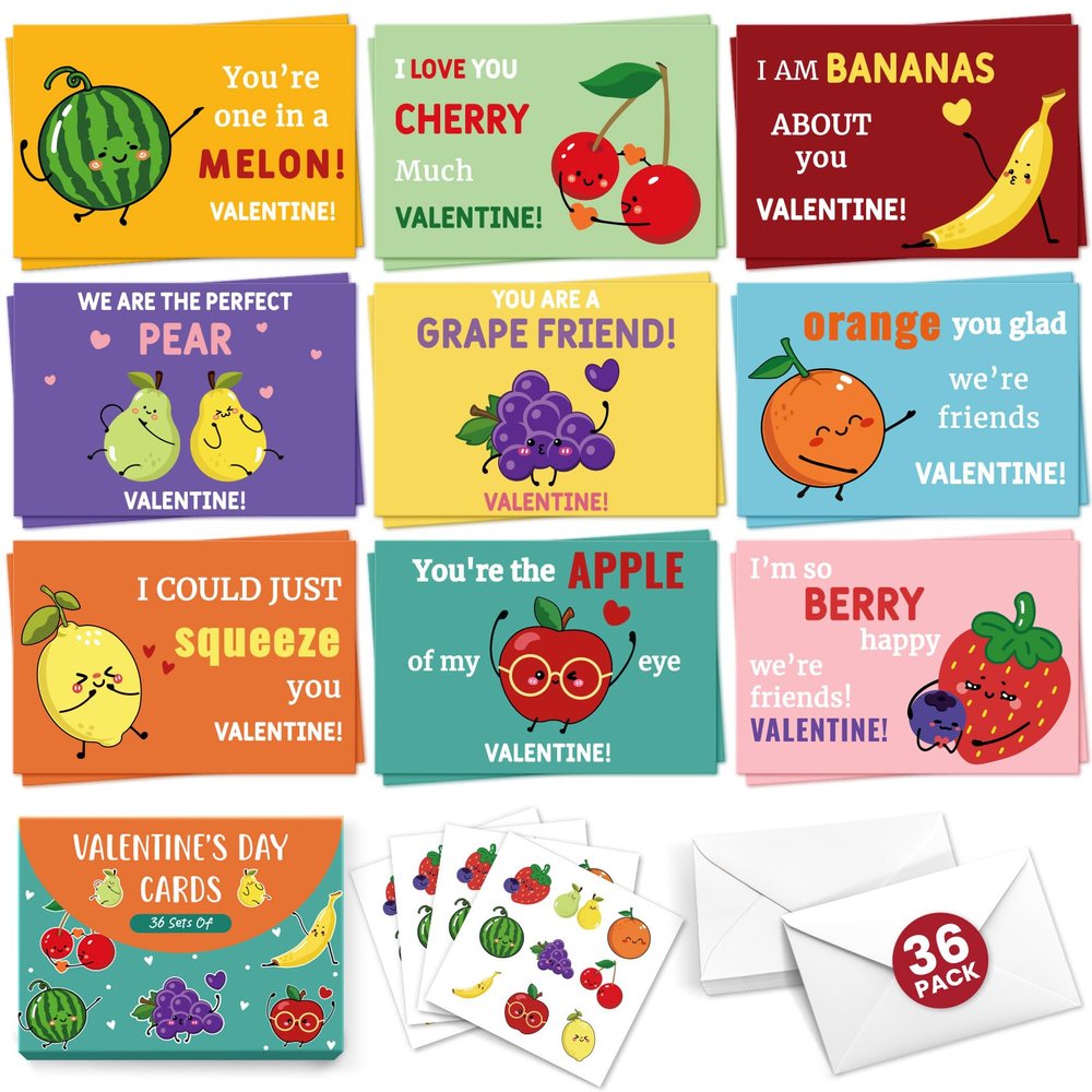 ZapDesk Valentine's Day Cards for Kids, 9 Unique Fruit Designs, 4.7 x 3.2 in, 36 Cards with Envelopes and Matching Stickers