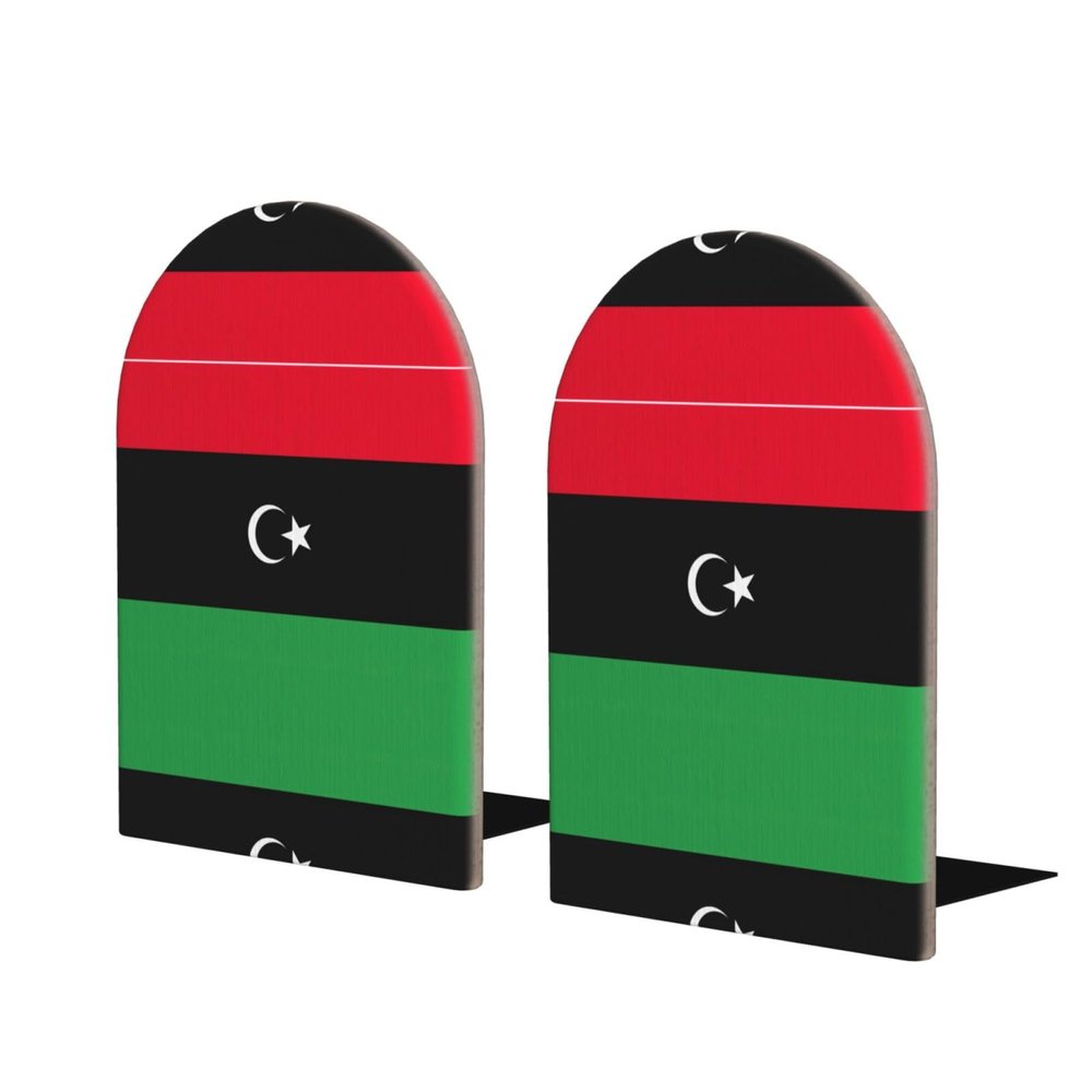 Libyan Flag Wooden Bookends with Metal Base