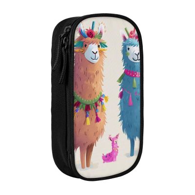 Black Alpaca-Llama Print Pencil Case, Large Capacity