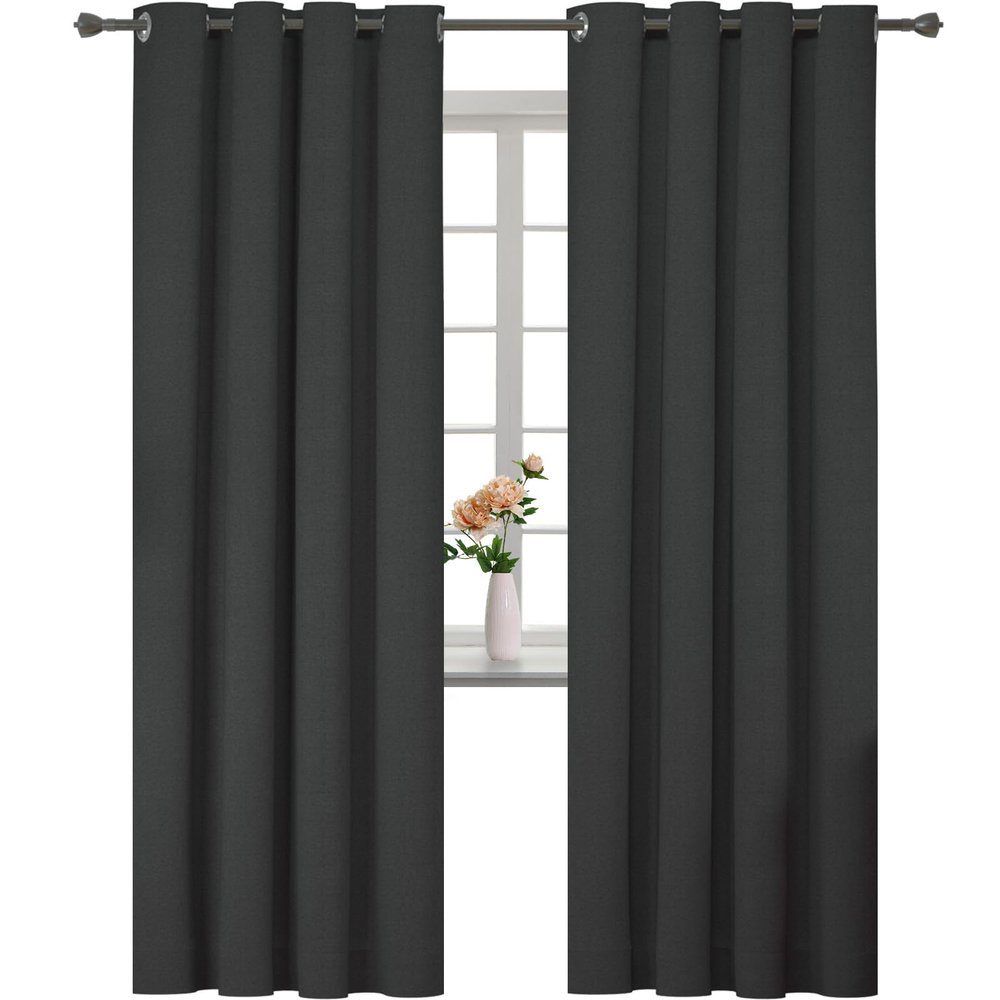 HANGEENGS Linen-Look Thermal Blackout Curtains, 2-Piece Set, Black, 130 x 275 cm (W x H)