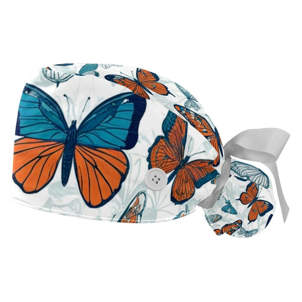 FQURFHY 2-Piece Surgical Caps for Women, Chef Hats, Kitchen Caps, Animal Butterfly