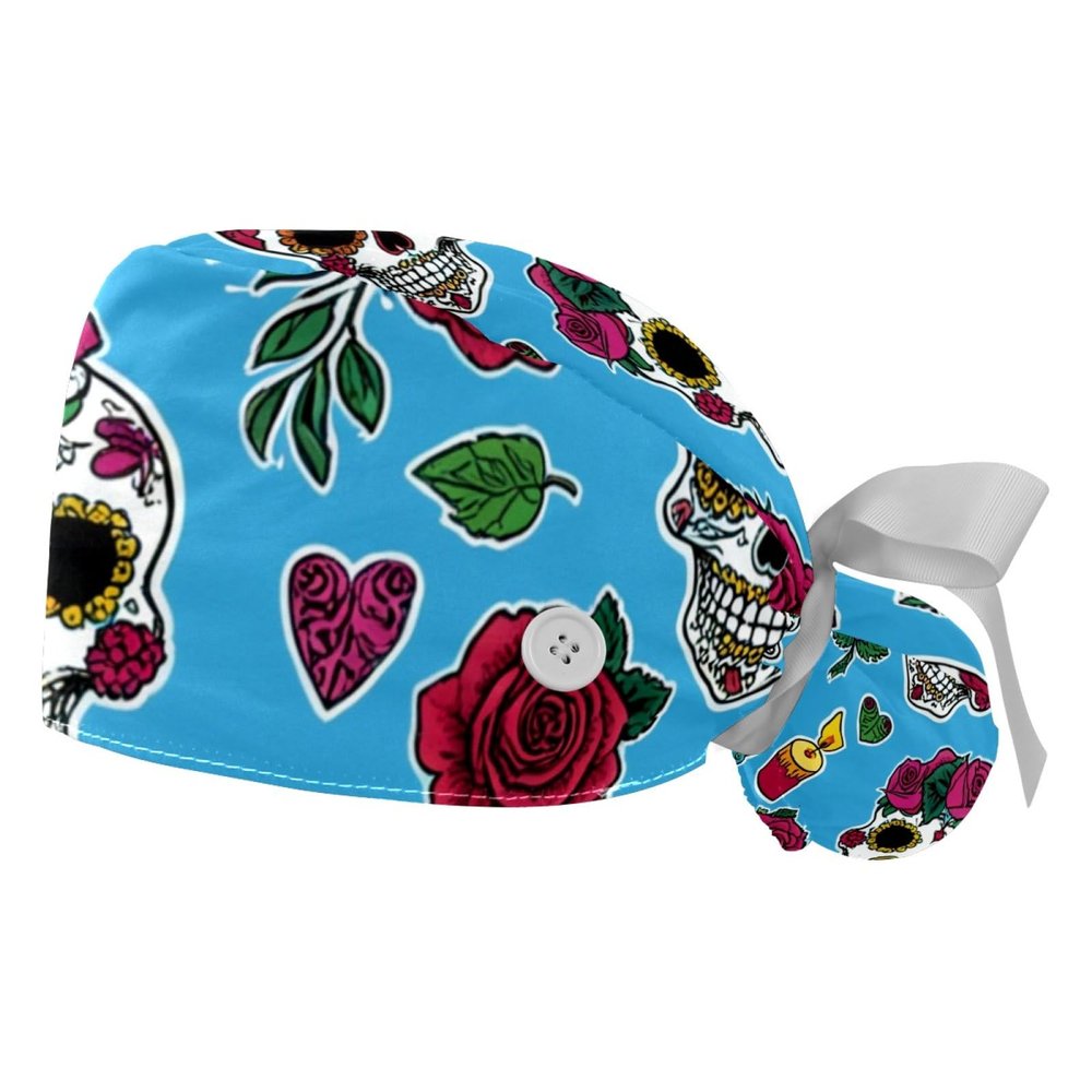 2-Piece Women's Ponytail Surgical Caps, Nursing Caps, Skull Flower