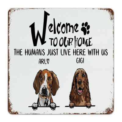 Metal Sign “Welcome to Our Home The Humans Just Lives Here with Us,” 12 x 12 in, Funny Novelty Wall Decor