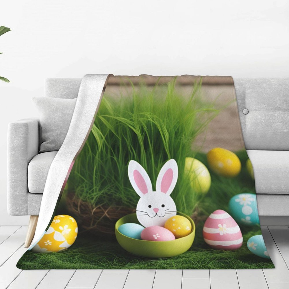 Flannel Blanket with Easter Eggs, Bunny, Grass and Wood-Print Design