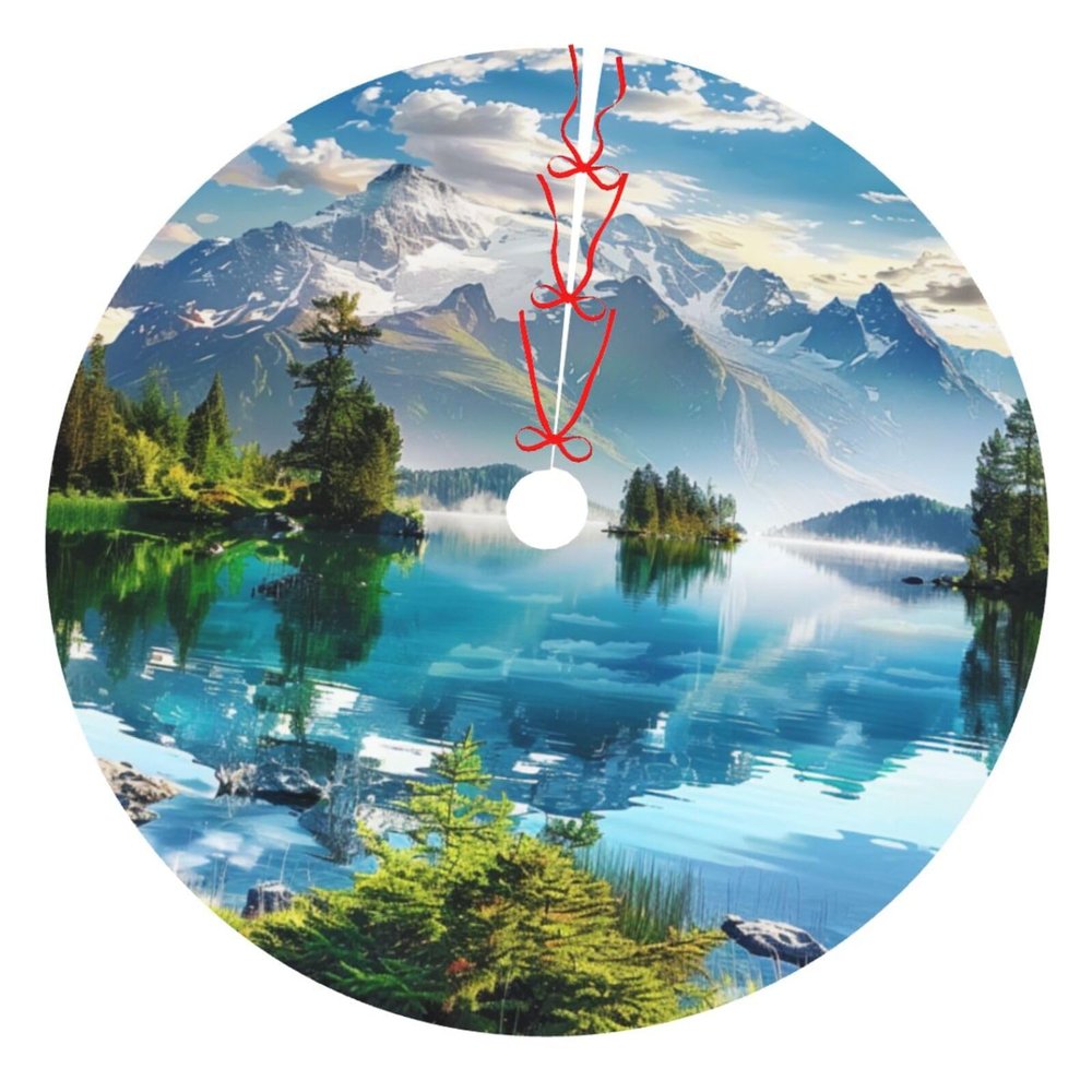 Mountain Lake View Christmas Tree Skirt, Sunny Nature Print, 30 in, Thickened Holiday Tree Decoration