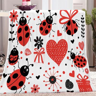 Ladybug Heart Cartoon Throw Blanket 150 x 200 cm, Warm Red Sofa Blanket, Super-Soft Flannel Fleece
