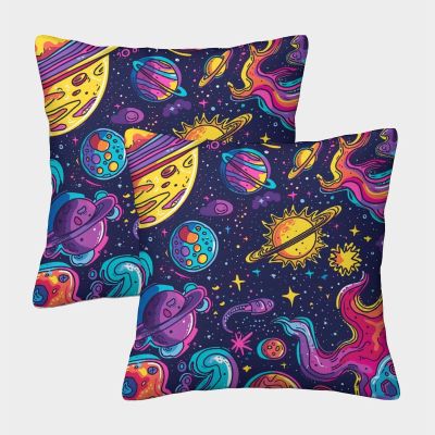 Planet Pattern Pillow Covers, 2-Piece Set, Multicolor Decorative Square Covers for Couch, Living Room, Sofa, Bed and Outdoors, 50 x 50 cm