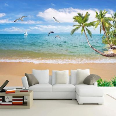YLLMNOBM Summer Seascape Dolphin Sailboat Beach Coconut Tree Peel-and-Stick Wallpaper