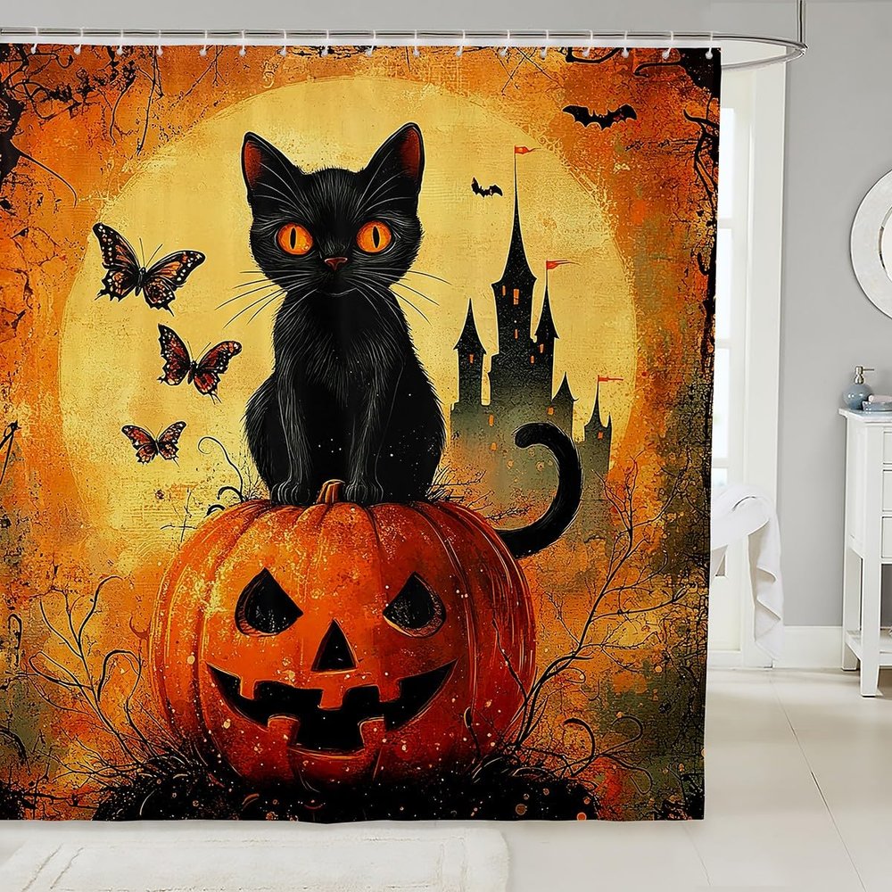 Homewish Halloween Black Cat Gothic Shower Curtain, 180 x 180 cm