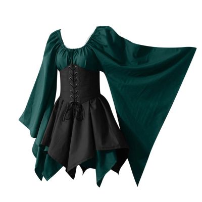 Amxleh Women's Halloween Costume, Medieval Gothic Renaissance Dress with Trumpet Sleeves and Tie Waist