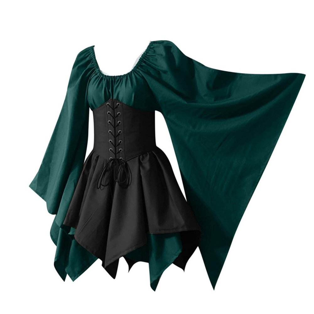 Amxleh Women's Halloween Costume, Medieval Gothic Renaissance Dress with Trumpet Sleeves and Tie Waist