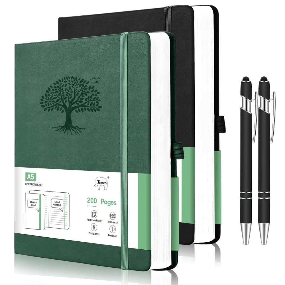7CDXD 2-Pack A5 Hardcover Journals with Pens, Green & Black