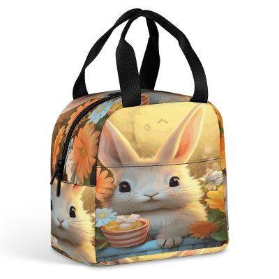 Large Reusable Lunch Bag with Aluminum Foil Lining, Rabbit, Bird & Flower Design