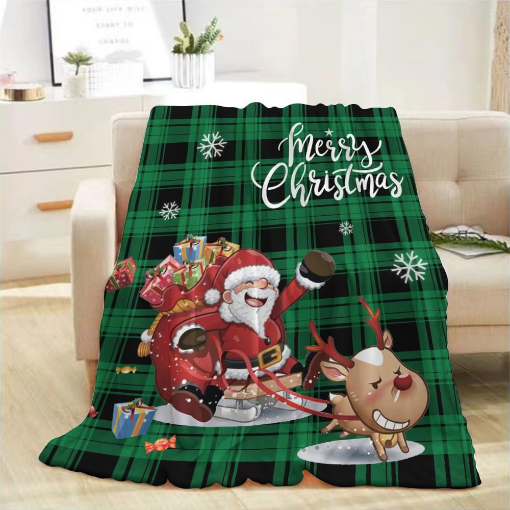 fifbird Christmas Throw Blanket for Adults, Green Plaid with Reindeer and Santa