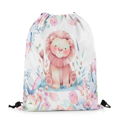 Loussiesd Cartoon Lion Drawstring Gym Bag, 30 x 40 cm, Safari Floral Butterfly Print