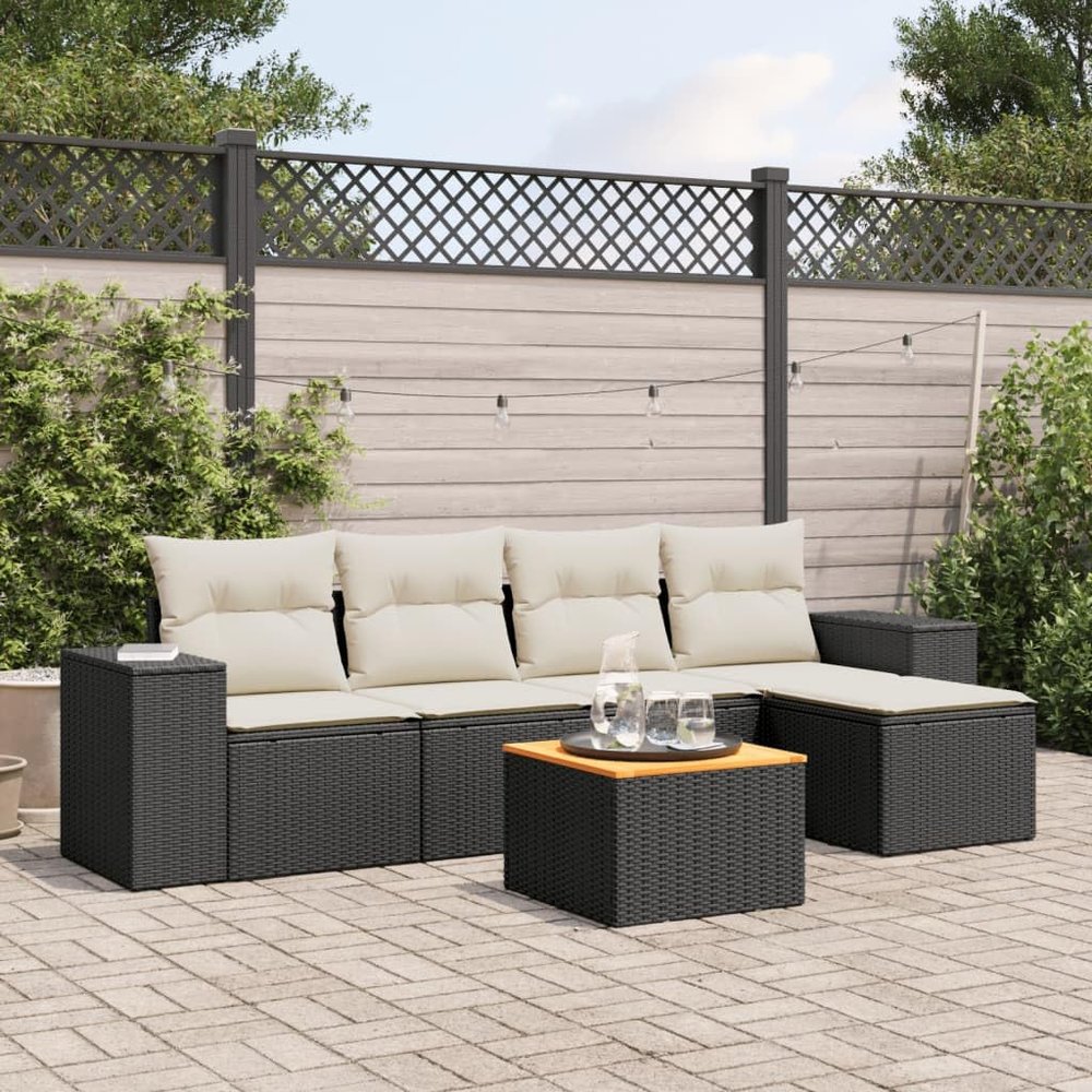 LAPOOH 6-Piece Garden Sofa Set with Cushions, Black PE Rattan - 3225419