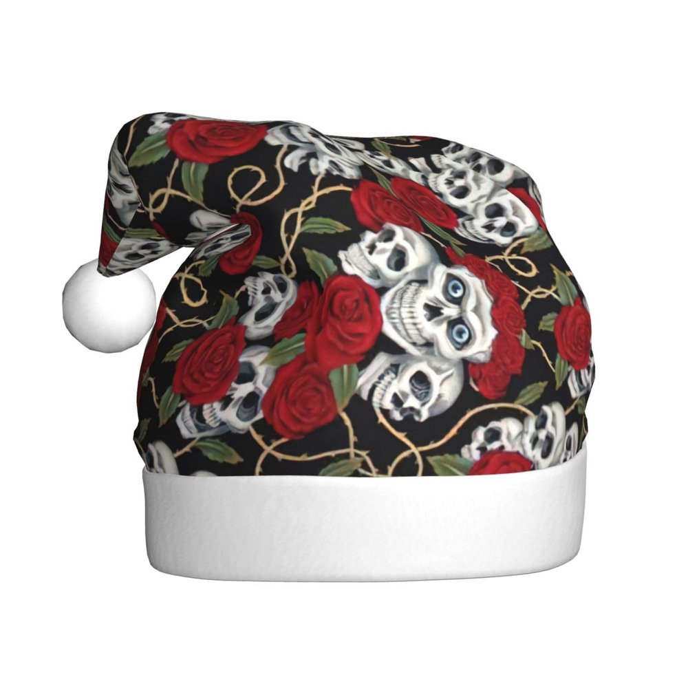 Adult Christmas Santa Hat with Skull and Roses