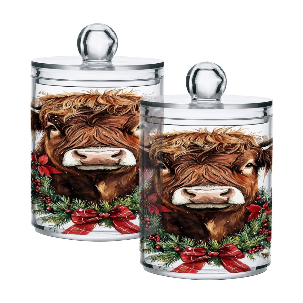 JUMBEAR Q-Tip Apothecary Jars with Christmas Highland Cow Design, 2-Pack