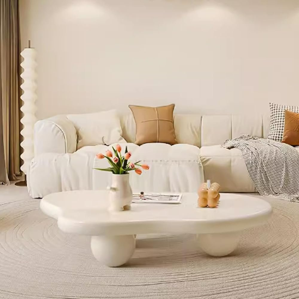 DFANCE Modern Cloud-Shaped Coffee Table with 3 Ball Legs, Cream White, 39.4 x 27.6 x 11.8 in