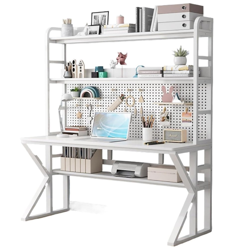 Home Office Gaming Desk with Hutch and Pegboard, White, 110 cm