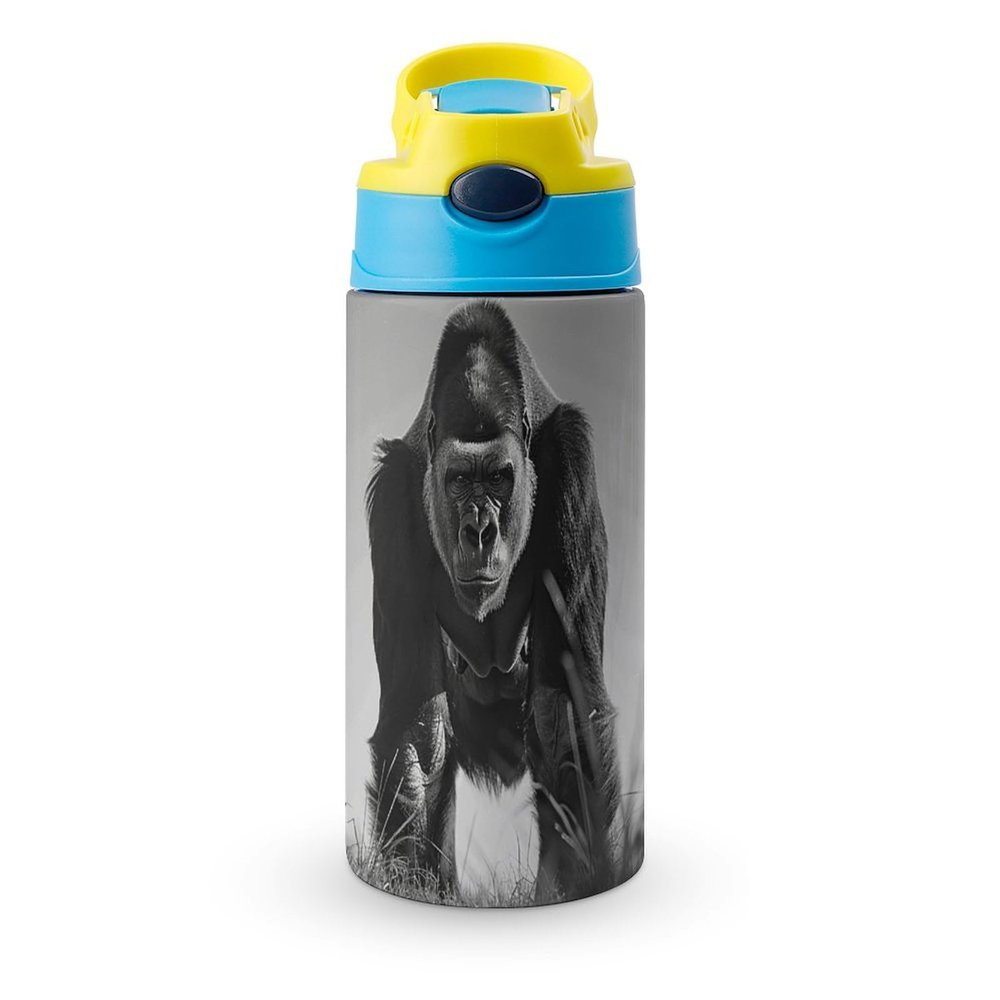JTREHY Insulated Water Bottle, Gorilla in the Grass, Printed Stainless Steel Travel Cup, Reusable Leakproof Flip-Top, 340 ml